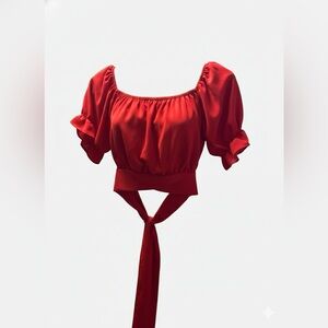 Red Puff Sleeve Tie-Front Top
